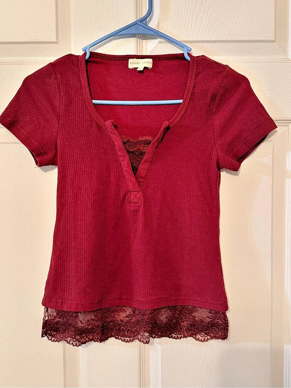 Gilded Intent Lace Trim Top in Red Size Small